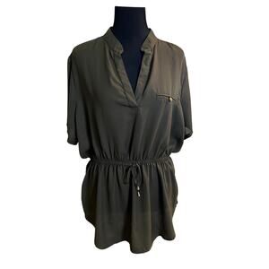Mileage Women's Olive Green Short Sleeve V-Neck Drawstring Waist Tunic Top 2X